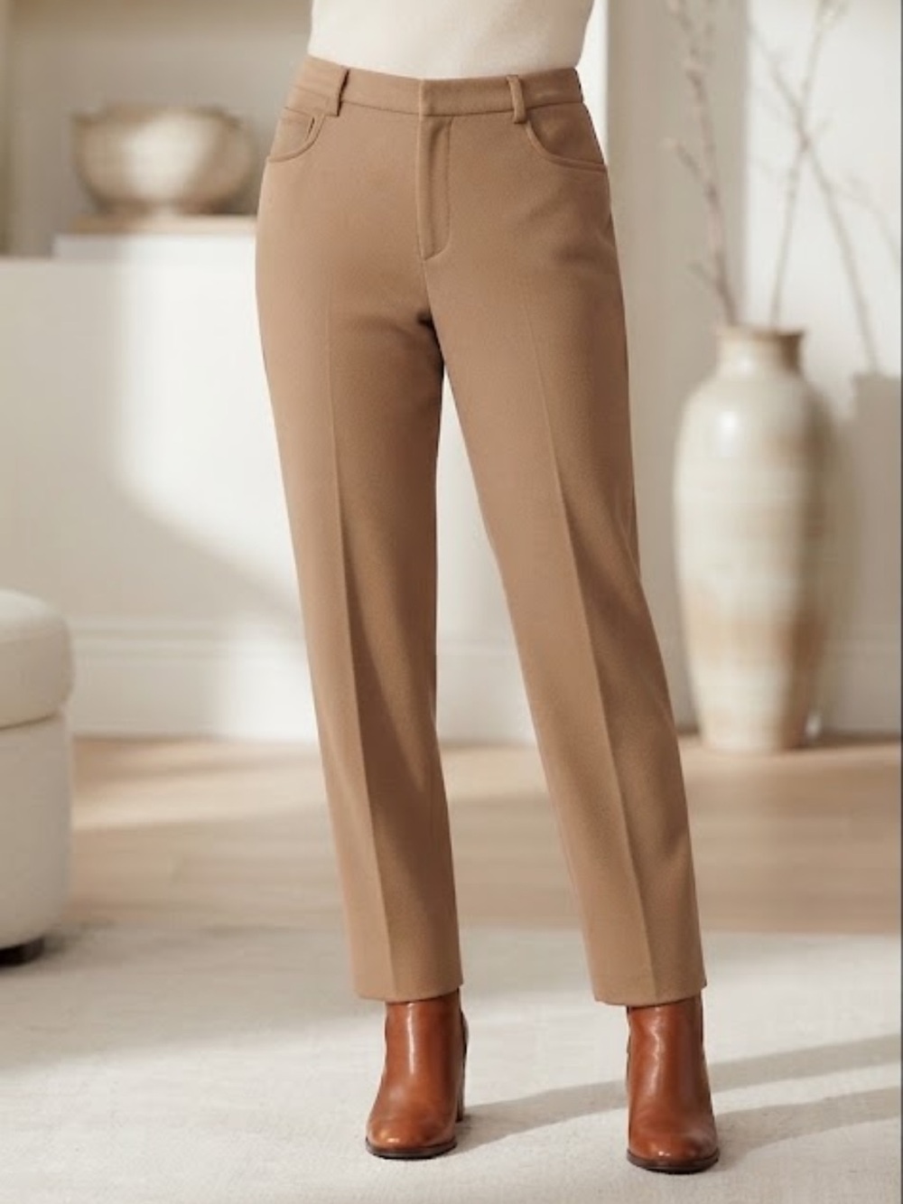 Lauren Ralph Lauren tan virgin wool pants w leather trim